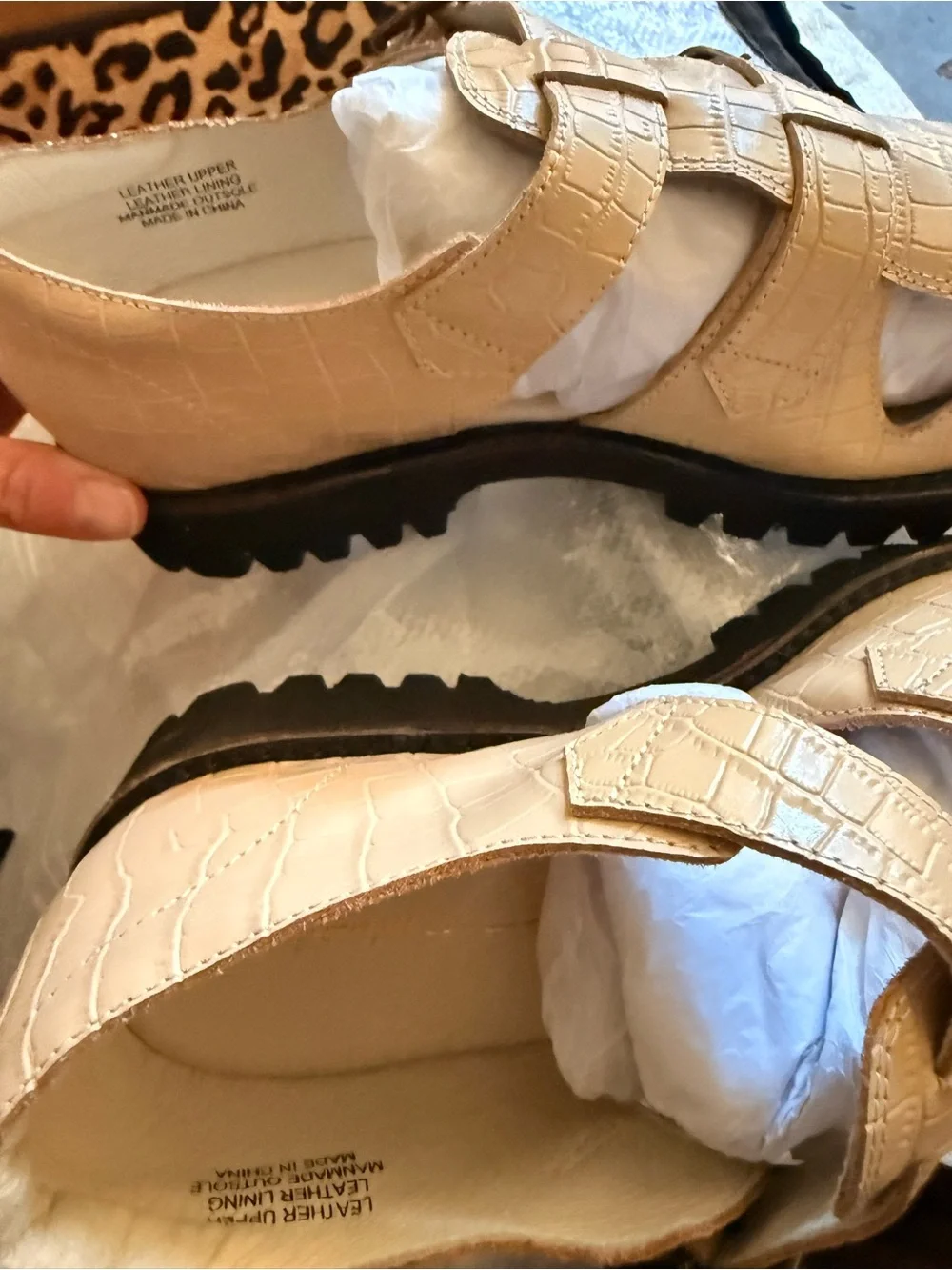 INTENTIONALLY BLANK Croc-Embossed Fisherman Sandals in Tan